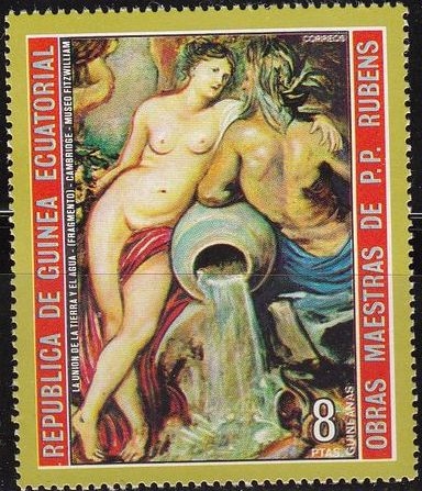 Z vendido Guinea Ecuatorial 1973 Michel 289 Sello Pintura Pedro Pablo Rubens La Union de la Tierra y el Agua Mujeres Desnudas Matasello de favor Preobliterado 
